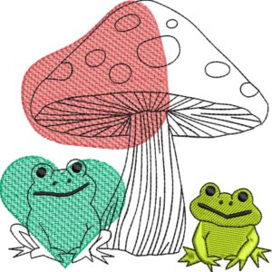Matriz de Ranas bajo honguito – Archivo de bordado digital (5 tamaños) | Diseño lineal sin relleno