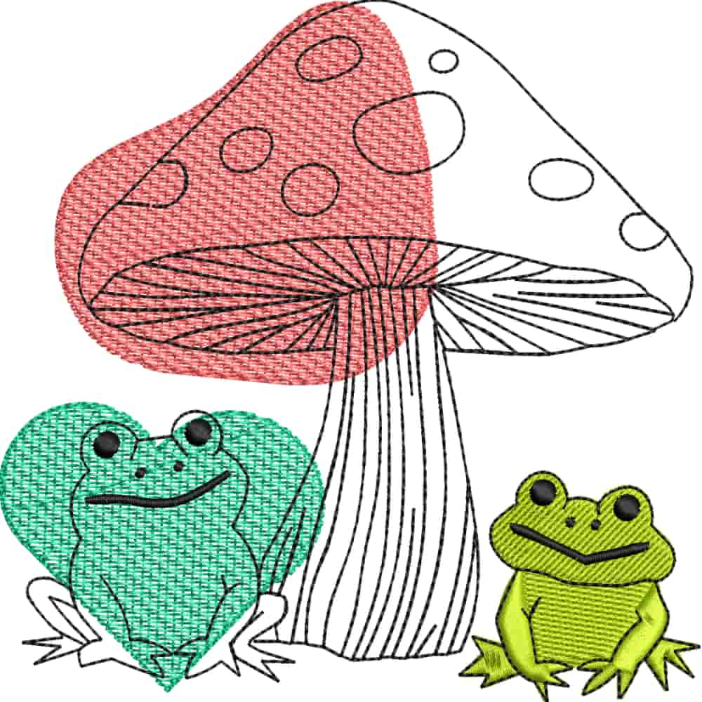 Matriz de Ranas bajo honguito – Archivo de bordado digital (5 tamaños) | Diseño lineal sin relleno