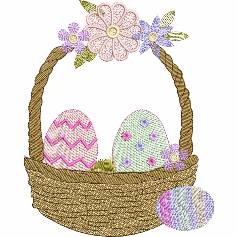Matriz de Bordado Canasta con Huevos de Pascua y Flores, 5 Tamaños, Descarga Instantánea