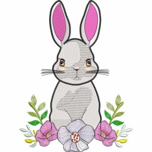 Matriz de Bordado Conejito con Flores, 4 Tamaños, Diseño Infantil Floral, Descarga Instantánea