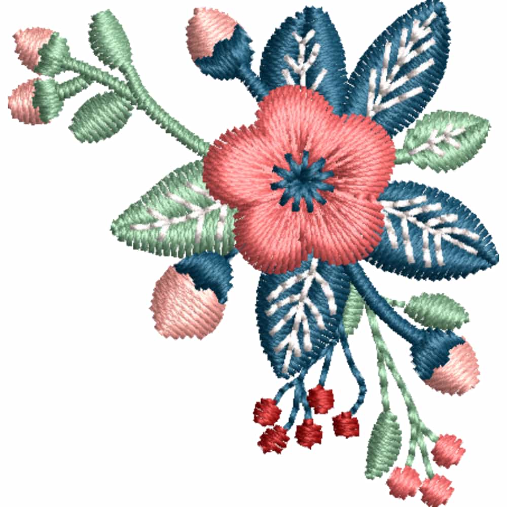 Matriz de Bordado Flor Esquina con Hojas, 9 Tamaños, Diseño Floral Decorativo, Descarga Instantánea