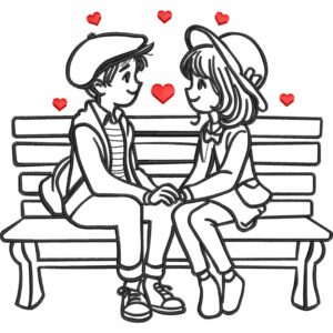 Matriz de Bordado Pareja Enamorada en Banco, 4 Tamaños, Diseño Romántico con Corazones