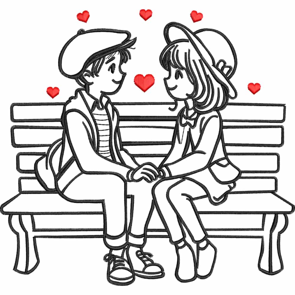 Matriz de Bordado Pareja Enamorada en Banco, 4 Tamaños, Diseño Romántico con Corazones