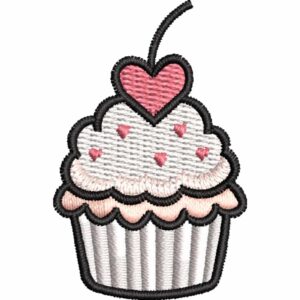 Matriz de Bordado Cupcake con Corazón Fresa, 4 Tamaños, Diseño Dulce Kawaii, Descarga Instantánea