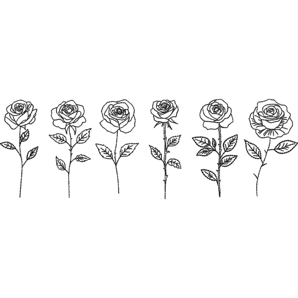 Matriz de Bordado 6 Rosas Minimalistas Punto Corrido, Diseño Floral Monocromático