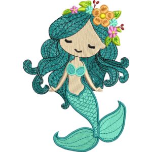 Archivo de Bordado – Sirenita con Cabello y Cola Verde y Corona Floral (6 tamaños)