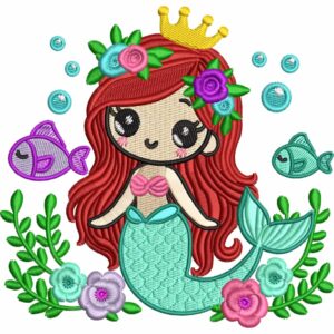 Archivo de Bordado – Sirena de Cabello Carmín con Corona, Peces y Algas (4 tamaños)