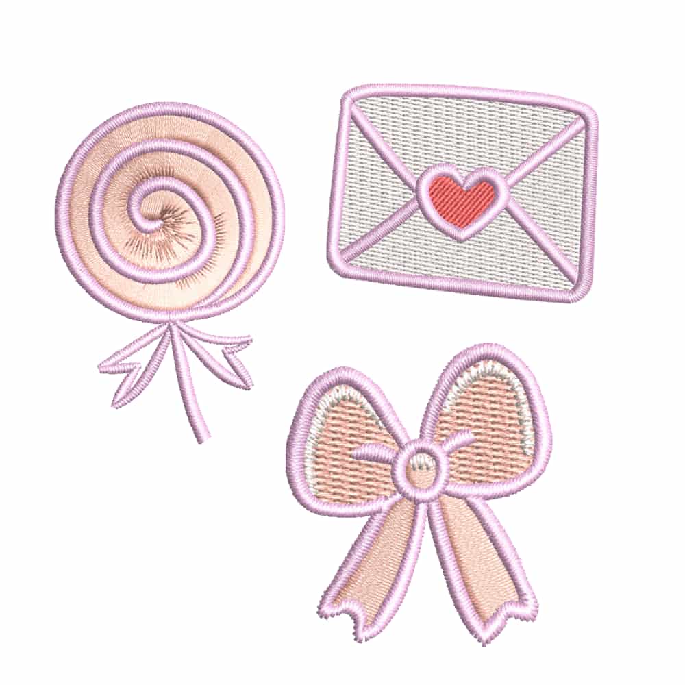 Pack Kawaii Pastel, Carta, Paleta Dulce y Lazo, 3 Matrices de Bordado