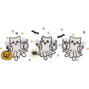 Matriz de Bordado 3 Gatitos Fantasma Halloween, Diseño Kawaii con Murciélagos Descarga Instantánea