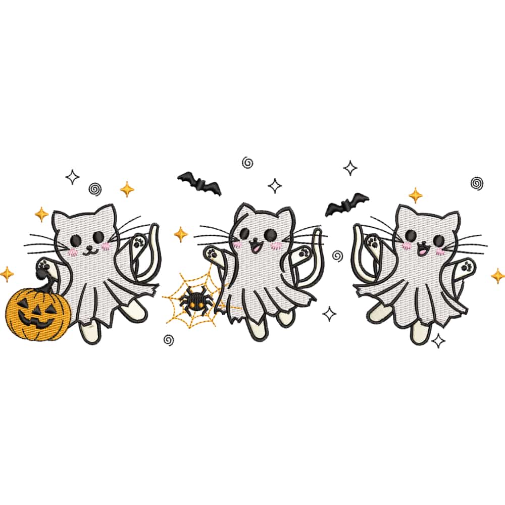 Matriz de Bordado 3 Gatitos Fantasma Halloween, Diseño Kawaii con Murciélagos Descarga Instantánea