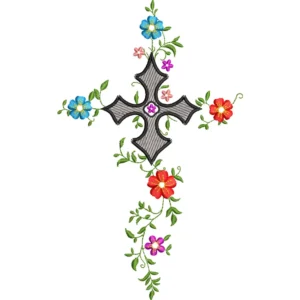 Matriz de Bordado Cruz con Flores Pequeñas, 4 Tamaños, Diseño Floral, Religioso, Descarga Instantánea