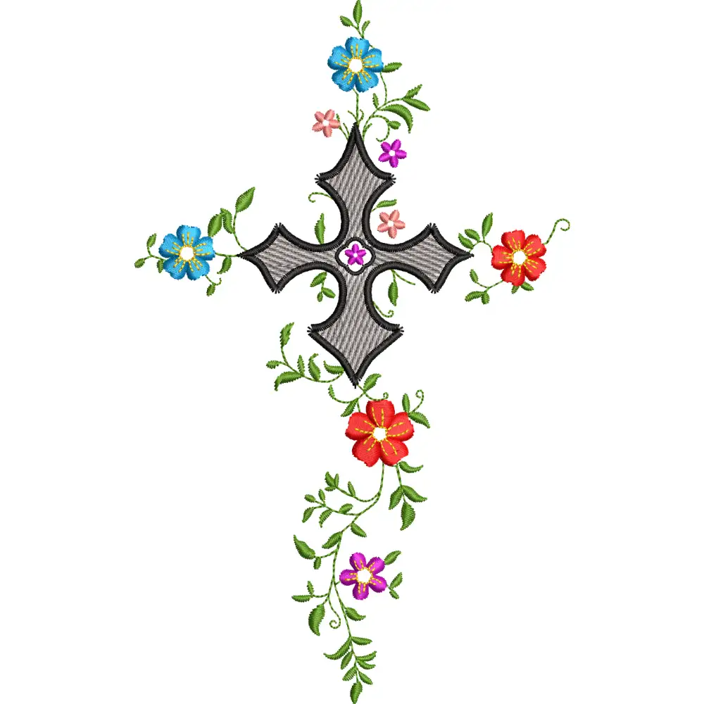 Matriz de Bordado Cruz con Flores Pequeñas, 4 Tamaños, Diseño Floral, Religioso, Descarga Instantánea