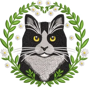 Gató Tuxedo con Corona Floral – Diseño de Bordado para Máquina