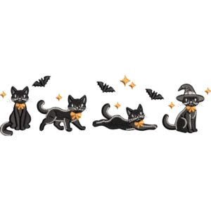 Matriz de Bordado 4 Gatitos Negros Halloween, Gorras de Bruja y Murciélagos Descarga Instantánea