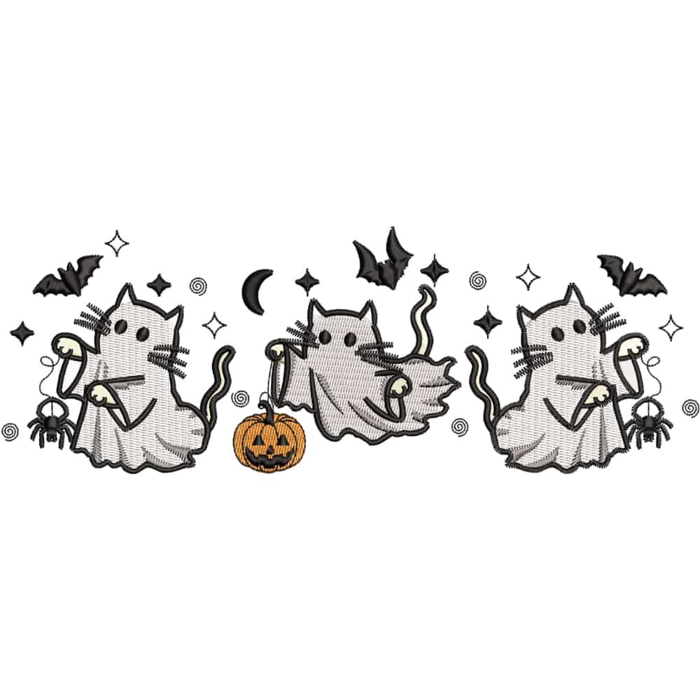 Matriz de Bordado 3 Gatitos Fantasma Halloween, Diseño Kawaii Descarga Instantánea