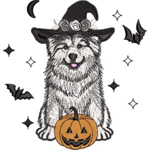 Perrito Blanco con Sombrero de Bruja y Calabaza, Archivo de Bordado Digital