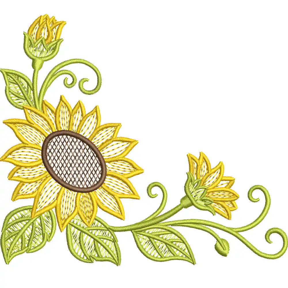 Matriz de bordado, Diseño Esquinero de Girasoles para Bordado a Máquina, 7 Tamaños, Descarga Digital