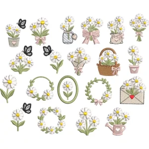 20 Diseños de Bordado de Margaritas, Pack de Flores para Bordado a Máquina, 5 Tamaños, Descarga Digital